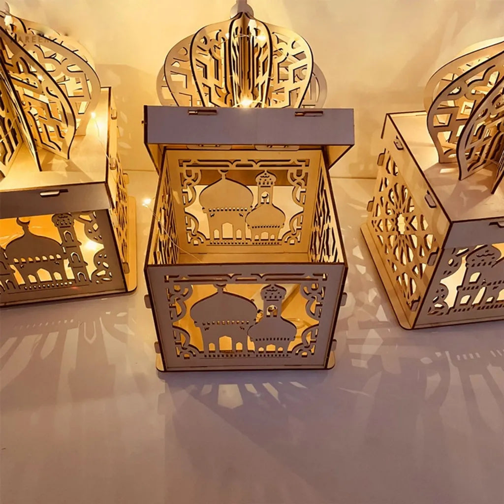  3 Stück Ramadan Dekoration Laterne LED Holz Stereo Palace Lampe Eid Mubarak Dekorative Laterne Ramadan Kareem Muslim Islam Party