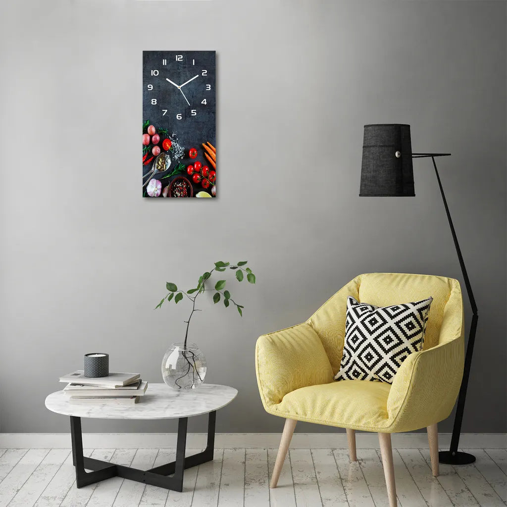  Wanduhr Aus Glas – 30x60 Cm - Glasbild - Glasuhr - Gehärtetes Glas -Gemüse Und Gewürze