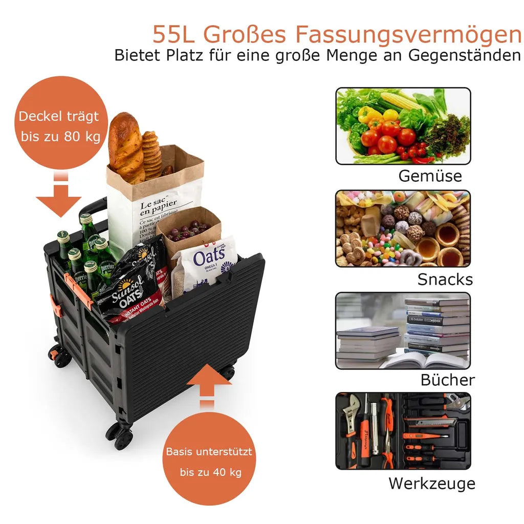  COSTWAY 55L Einkaufstrolley 80kg Belastbar, Klappbarer Einkaufswagen Mit 3-fach Verstellbarem Griff, 2 Bremsbaren Universalrädern & Erweiterbarer Obere Abdeckung, Handwagen Tragbar, Schwarz