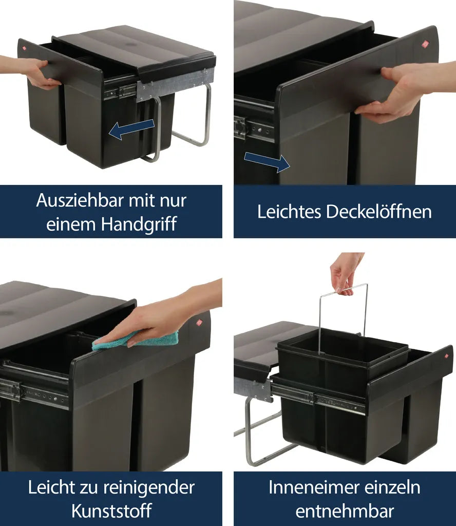  Wesco Niedriger Mülleimer Küche Ausziehbar | 2 X 15 L Einbaumülleimer Mit Schienengestell | Abfallsystem | Abfallsammler | Trennsystem | Bodenmontage | Kunststoff Schwarz | 28015 0