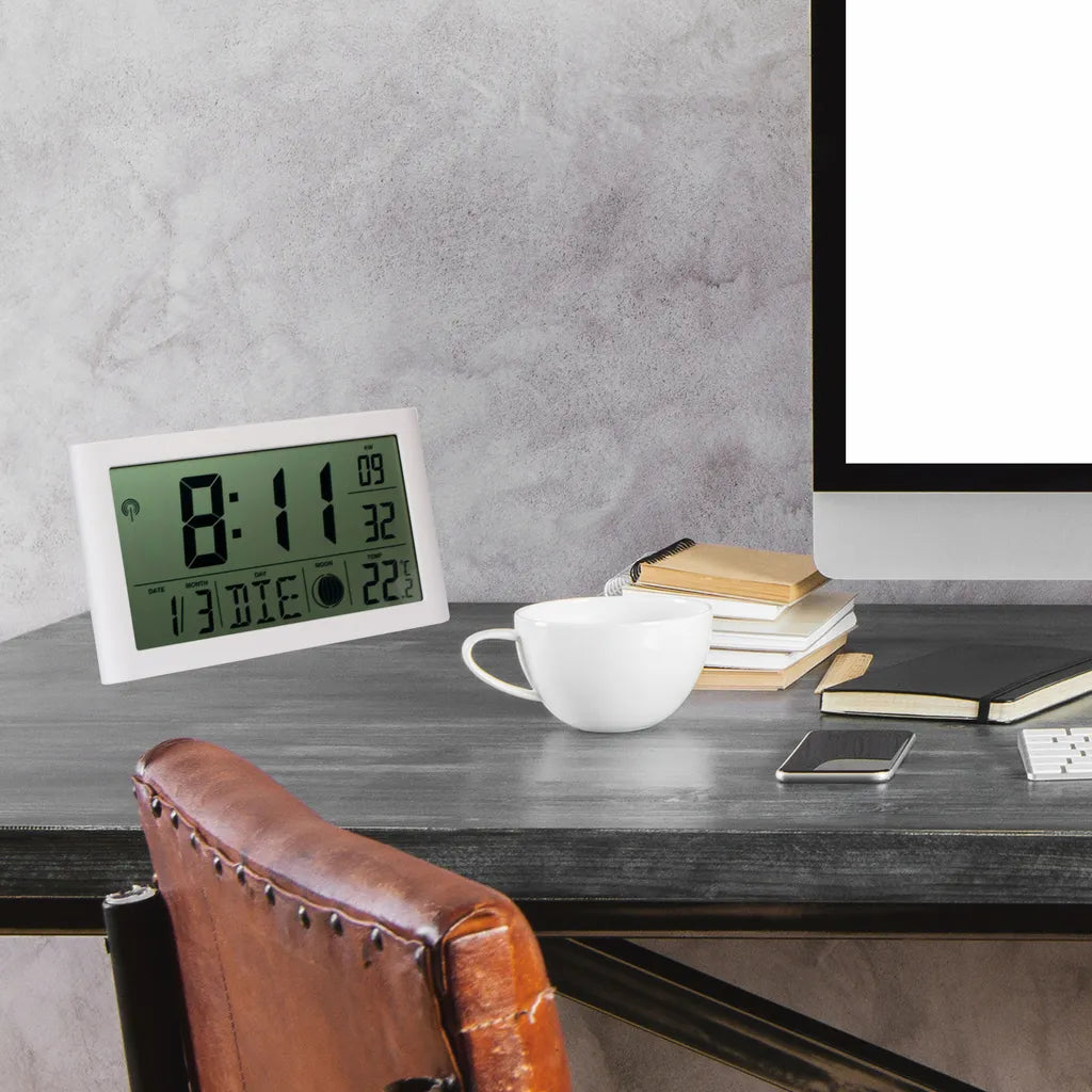  Digitale LCD Tischfunkuhr Mit Datumsanzeige + Temperaturanzeige Geräuschlos Digitale LCD Funkuhr Mit Datumsanzeige Temperaturanzeige & Mondphasenanzeige Weiß Großes Display Tisch & Wanduhr Kalenderwochenanzeige Lautlos Ohne Ticken - 4-MV5541-2
