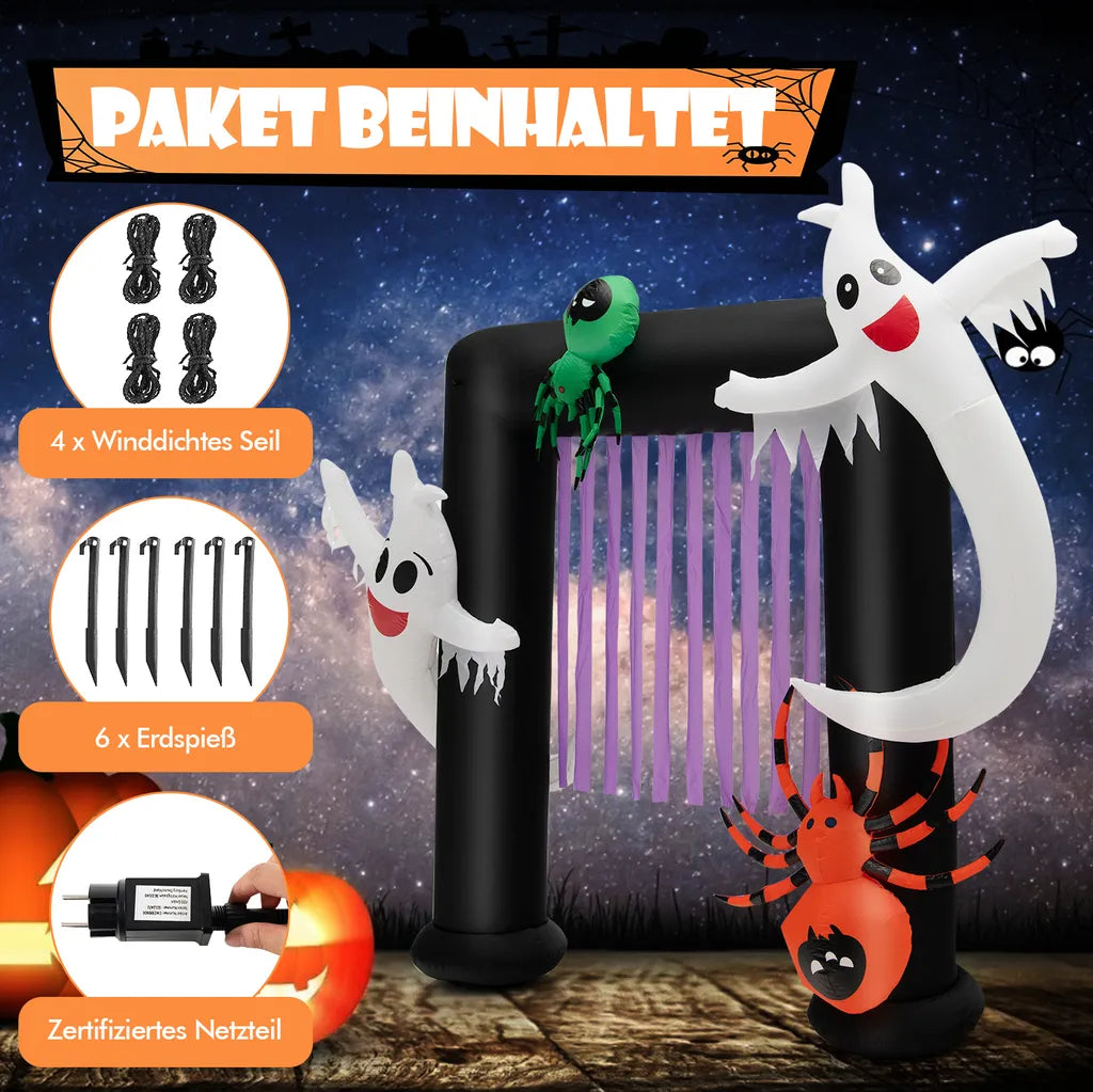  COSTWAY LED Aufblasbarer Halloween-Torbogen 223cm, Festliche Halloween-Dekoration Mit 2 Geistern & 2 Spinnen, Inkl. Wasserdichtem Gebläse, Für Die Veranda, Garten