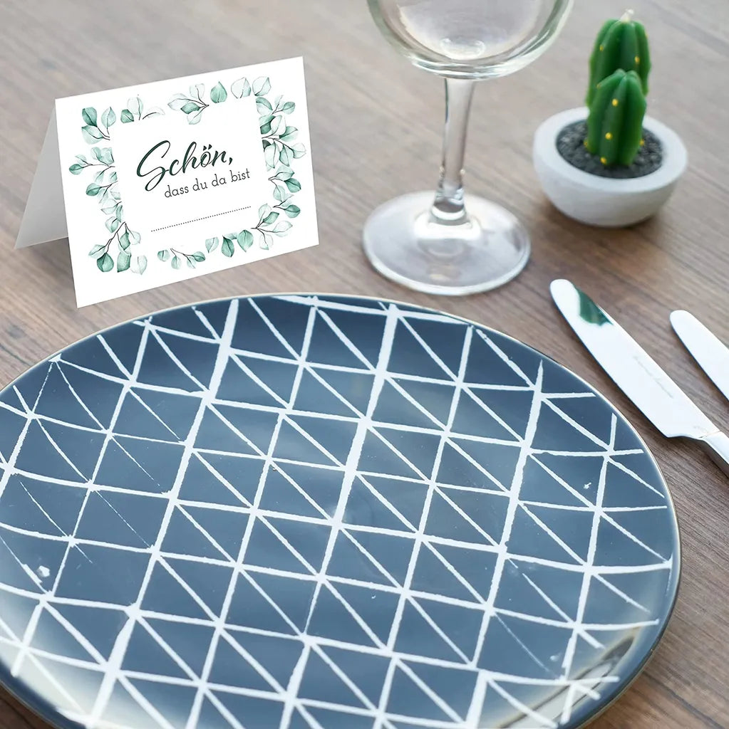  MAVANTO® 50x Design Tischkarten Hochzeit Geburtstag DIN A7 - Platzkarten Zum Beschriften In Vielen Verschiedenen Designs (Eukalyptus Kranz)