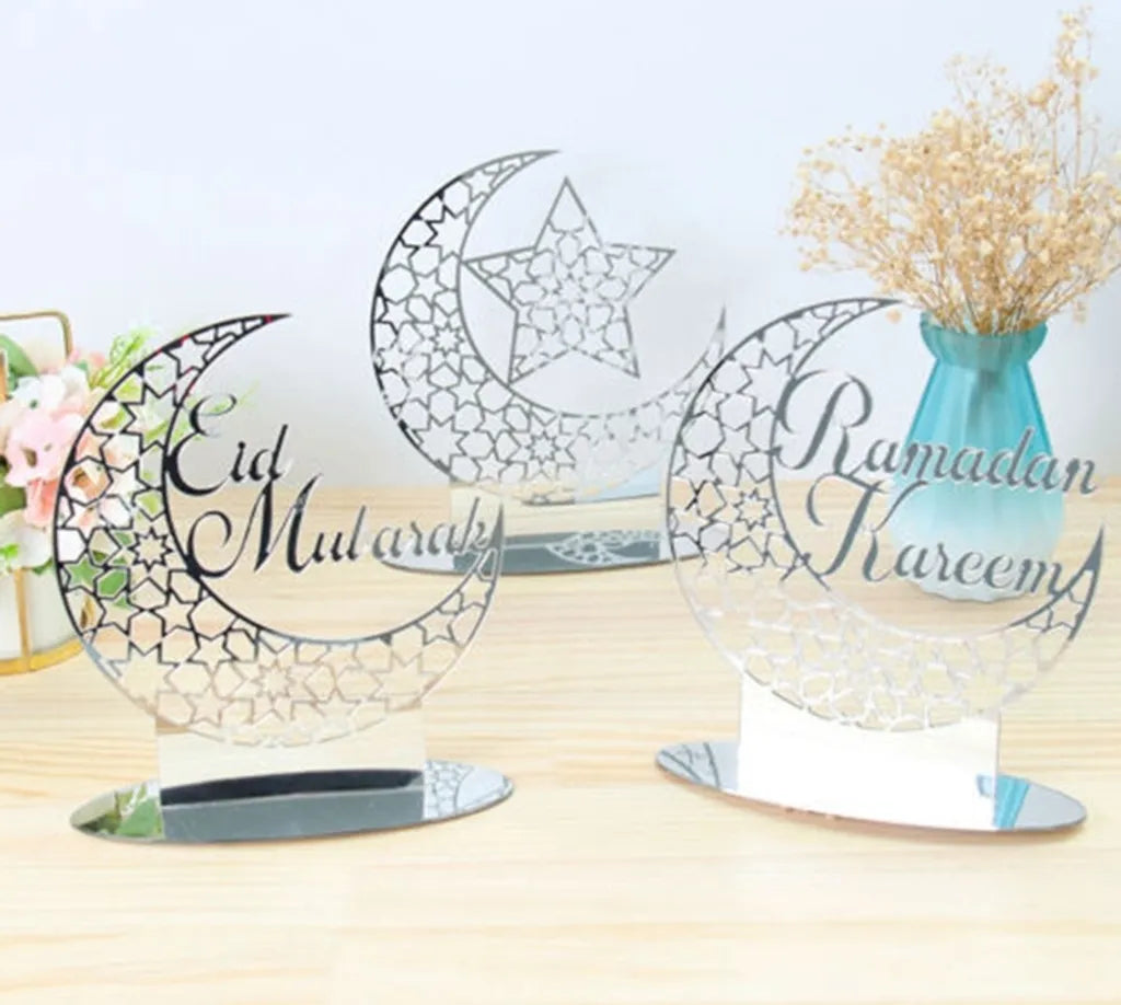  3x Ramadan Eid Mubarak Dekorationen Eid Mubarak Acryl Ornamente Mond Sterne,Muslim Festival Dekorationen, Silber
