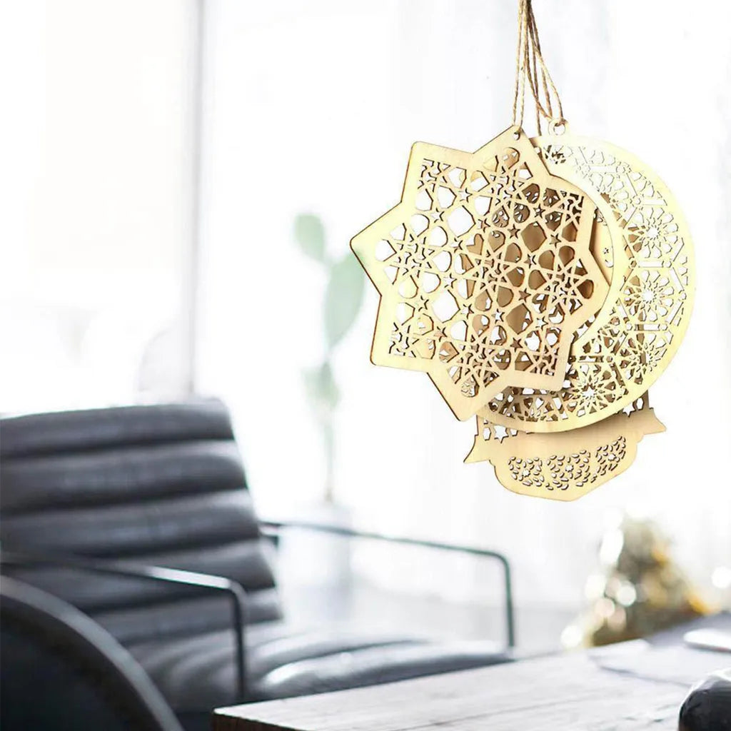  4 Stücke Holz Anhänger Ornament Ramadan Mubarak Eid Kareem Dekoration Mond Sterne Wind Licht Form Anhänger Ornament Für Ramadan Dekorationen