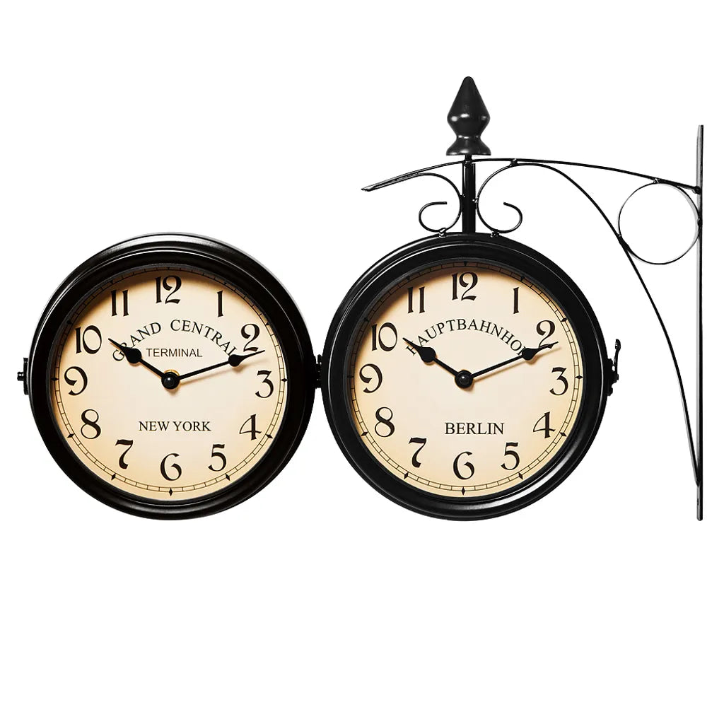  Monzana Wanduhr Vintage Quarzuhrwerke Mit Beidseitigem Ziffernblatt Doppelseitige Bahnhofsuhr Schmiedeeisern Retro-Design, Farbe:schwarz