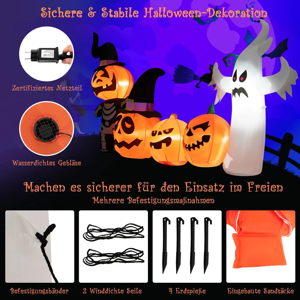  COSTWAY 226cm Aufblasbare Kürbis-Kombination LED Halloween-Dekoration Aufblasbar Mit Geister-, Skelett- & Hexenhüten Für Halloweenparty, Hinterhof & Garten