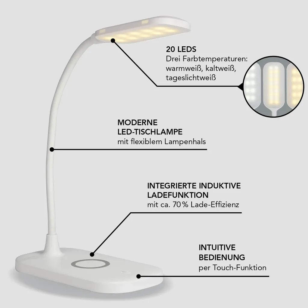  MAXXMEE LED-Tischleuchte Mit Wireless Charging - 3 Farbtemperaturen LED Tischleuchte Tischlampe Lampe USB Leuchte Wireless Touchfunktion Leselampe
