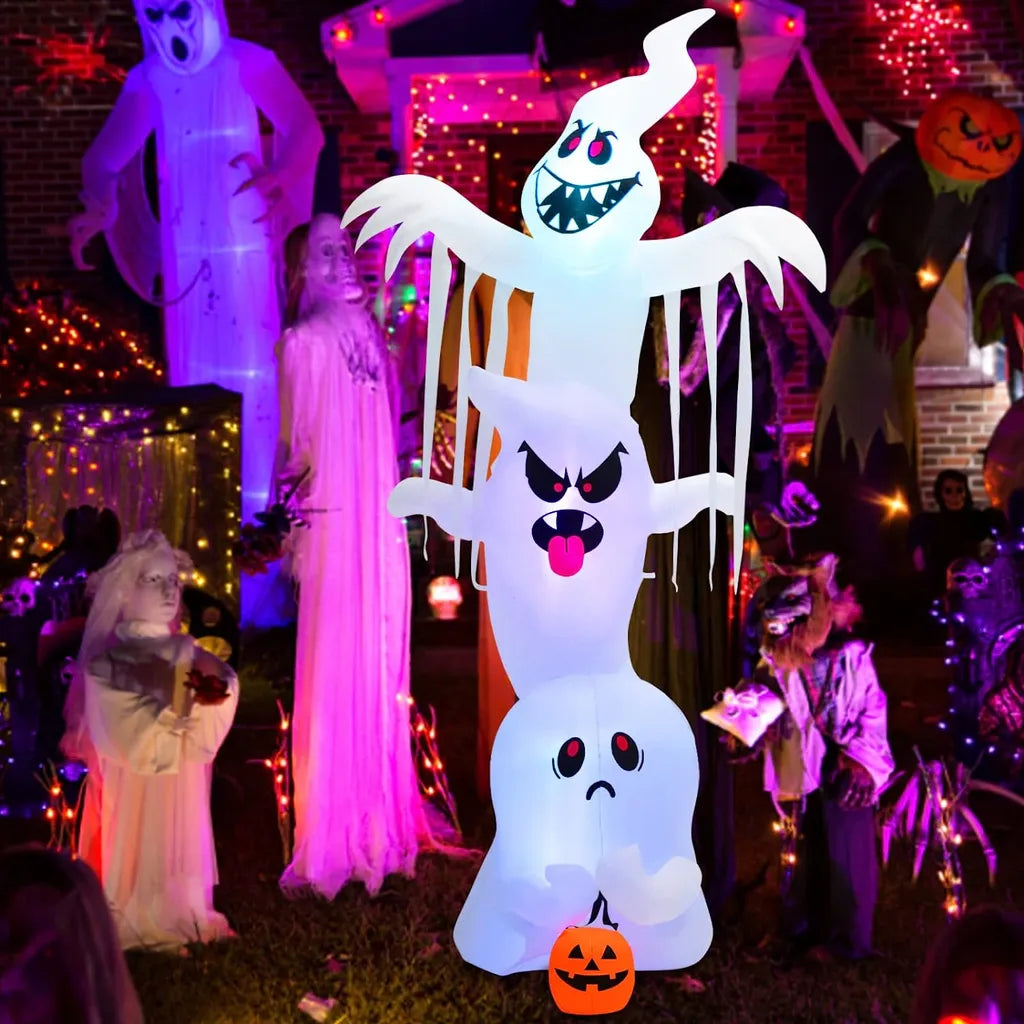  COSTWAY Gestapelte Geister Mit Bunten Lichtern Aufblasbar 310cm Lang, Riesige Gespenst Mit Kürbis, Halloween-Dekoration Für Halloweenparty, Hof & Outdoor