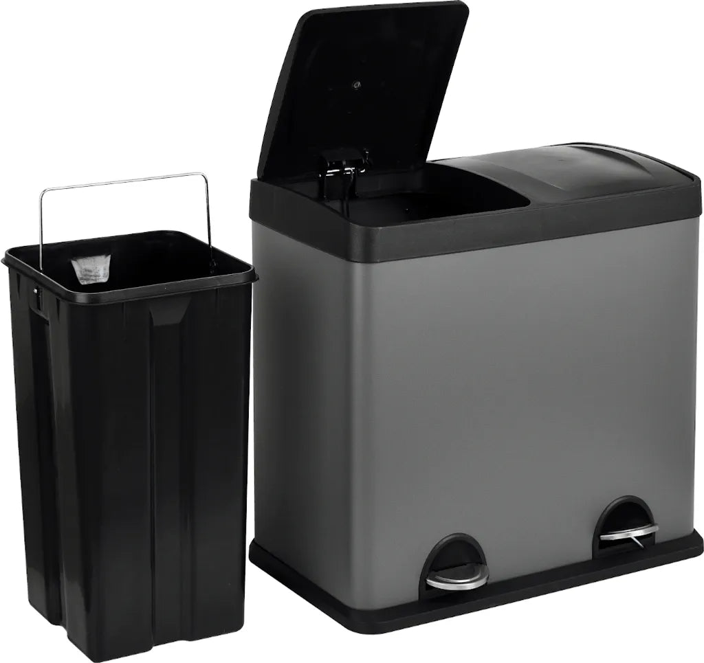  SVITA T2X24 Edelstahl Mülleimer 48 Liter (2 X 24L) Treteimer Abfalleimer Mülltrennung Mit Schubfächern Grau
