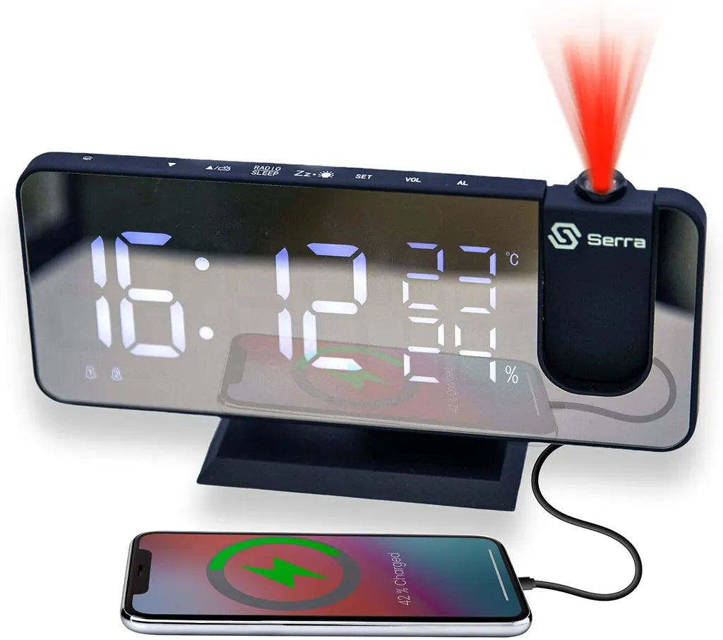  Projektionswecker, Digital Wecker Mit Projektion 180 °, Radiowecker Mit USB-Anschluss Großem LED-Anzeige Snooze Dual-Alarm,4 Projektionshelligkeit Mit Automatischem Dimmer, 32FM Radio