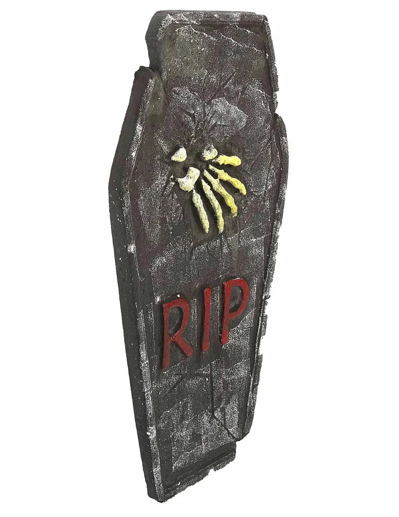 Elite Halloween-Grabstein RIP Mit Knochenhand Grau-gelb-rot 59x35cm