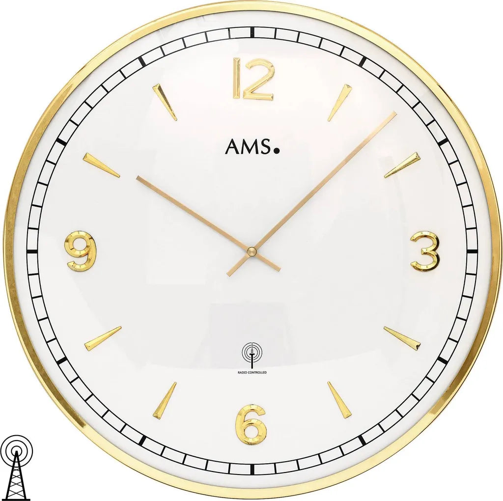 AMS 5609 Wanduhr Funk Funkwanduhr Analog Golden Rund