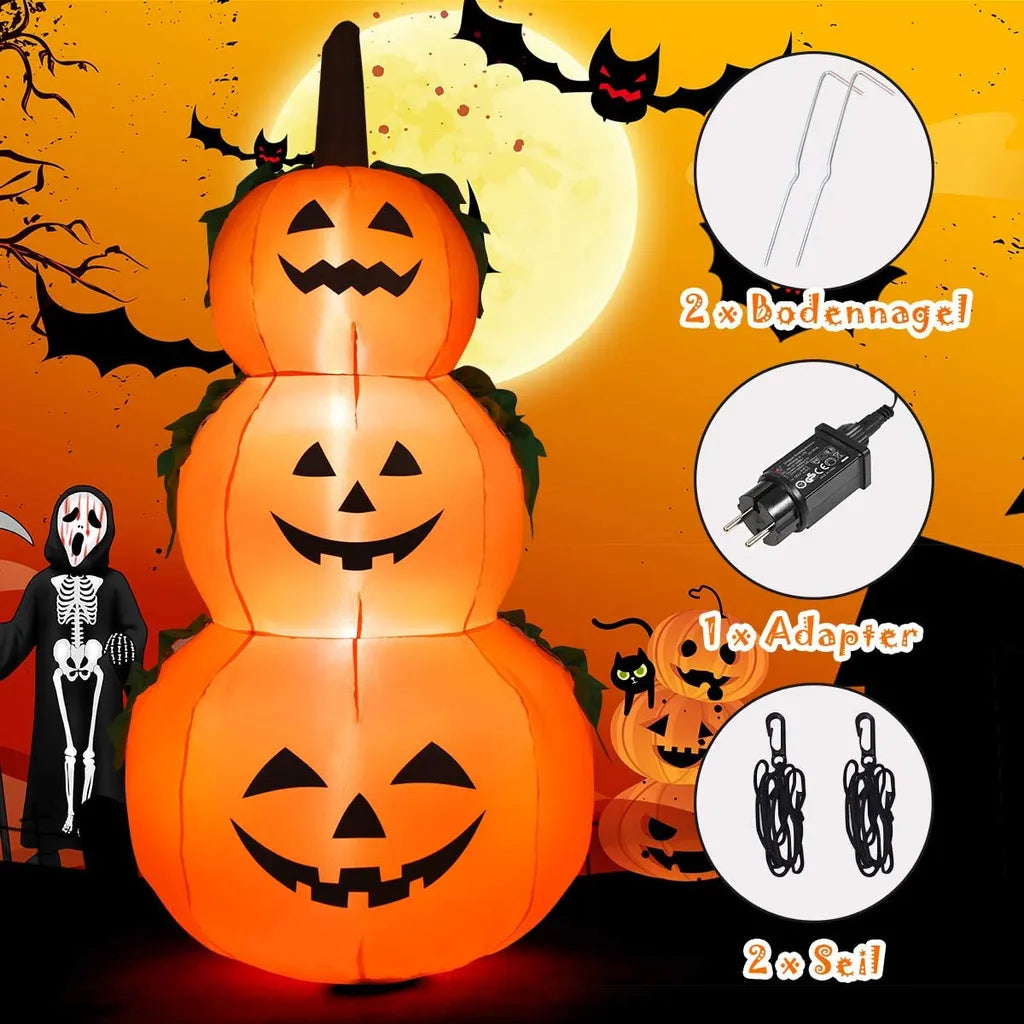  COSTWAY 180 Aufblasbarer Halloween Kürbis, 3 Stapel Kürbis Mit LED-Innenbeleuchtung, Halloween Kürbis Dekorationen Für Den Innen- Und Außenbereich