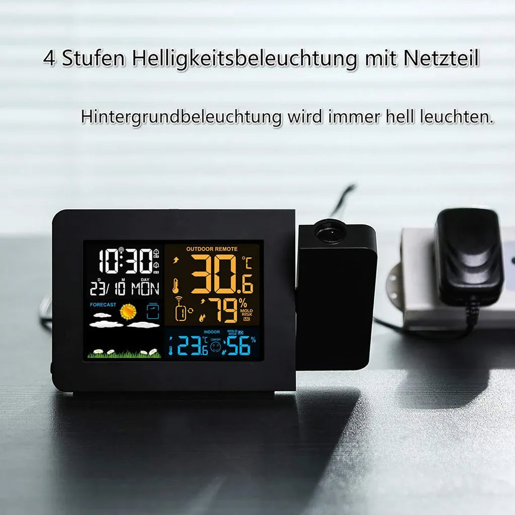  FanJu Wecker, Wetterstation Funk Mit Außensensor/Projektionswecker/Innen-/Außentemperatur Und Luftfeuchtigkeit/Mondphase/Funkwecker
