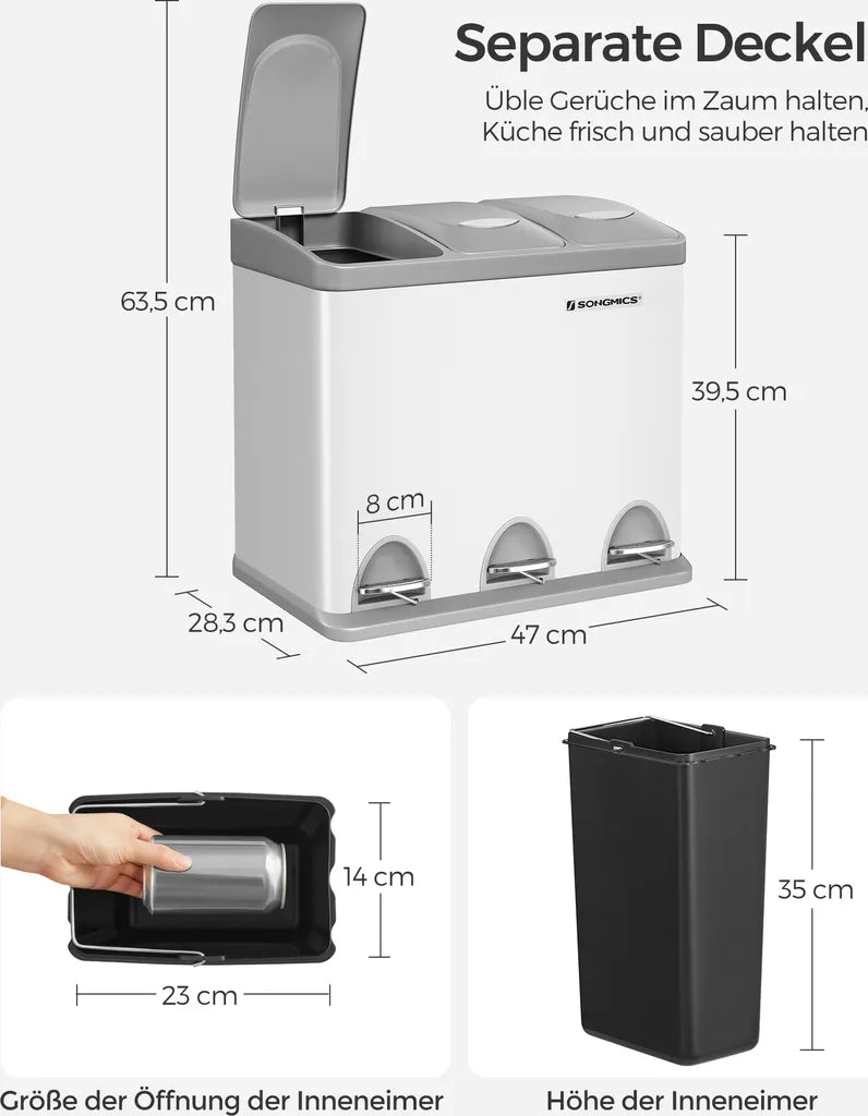  SONGMICS Mülleimer Für Die Küche, 3 X 8 Liter, Abfalleimer Aus Metall, 3-in-1 Treteimer, Mülltrennung, Mülltrennsystem, Mit 15 Müllsäcken, Einfach Zu Reinigen, Stahl, Weiß-grau LTB24WT