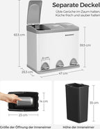  SONGMICS Mülleimer Für Die Küche, 3 X 8 Liter, Abfalleimer Aus Metall, 3-in-1 Treteimer, Mülltrennung, Mülltrennsystem, Mit 15 Müllsäcken, Einfach Zu Reinigen, Stahl, Weiß-grau LTB24WT