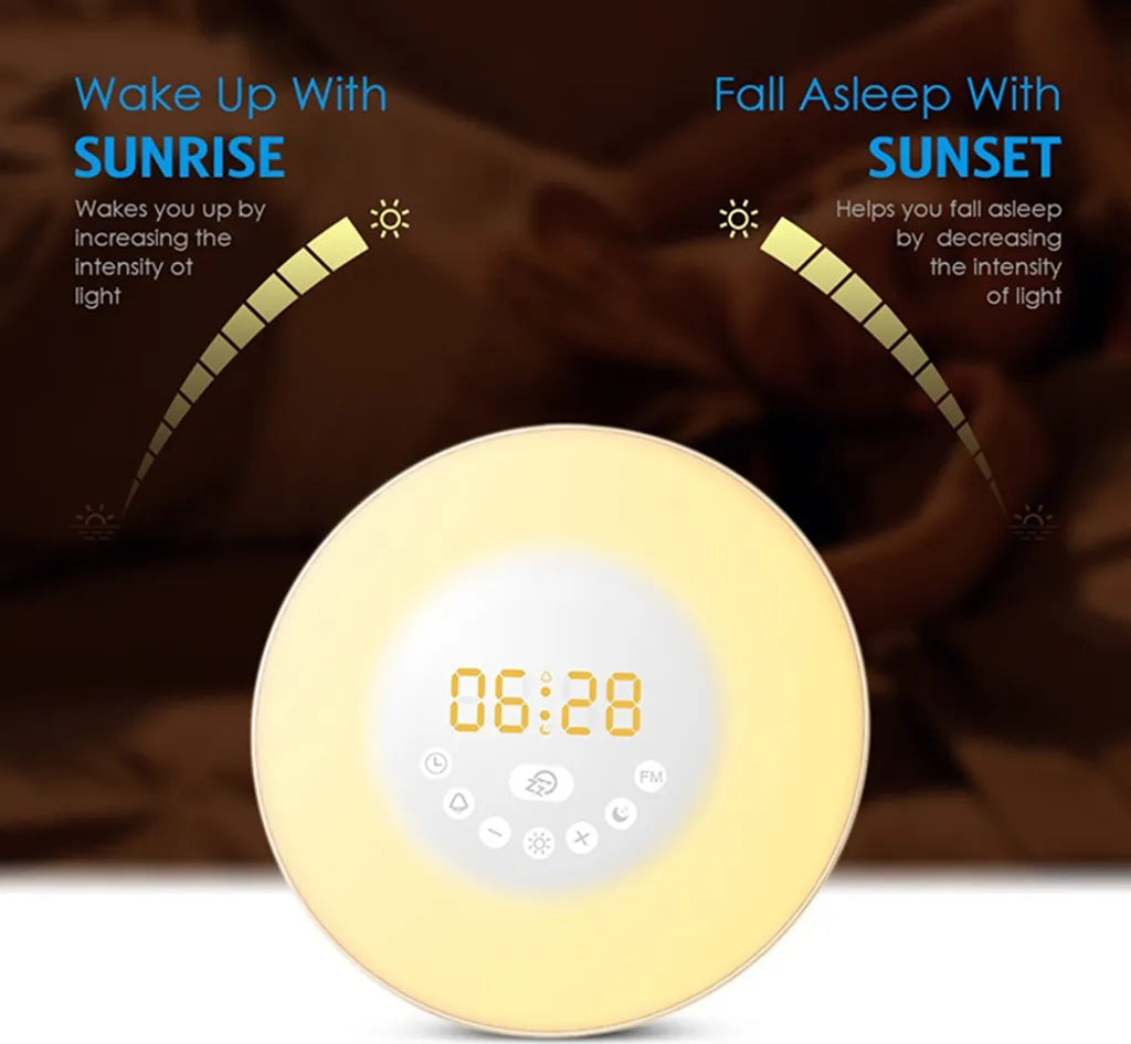 Wake Up Light Wecker - Sonnenaufgang Sonnenuntergang Analoger Tageslichtwecker Mit 2 Alarmen, 10 Helligkeiten, Schlummerfunktion, 6 Natürlichen Geräuschen, UKW-Radiowecker