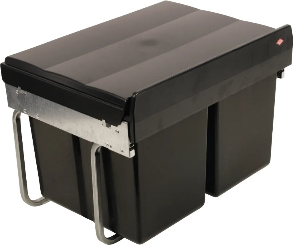  Wesco Niedriger Mülleimer Küche Ausziehbar | 2 X 15 L Einbaumülleimer Mit Schienengestell | Abfallsystem | Abfallsammler | Trennsystem | Bodenmontage | Kunststoff Schwarz | 28015 0