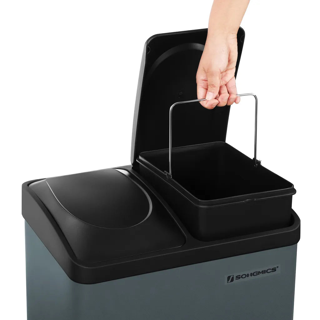  SONGMICS Mülleimer 30 Liter, Mülltrennung, 2 X 15 Liter, Abfalleimer, Treteimer Mit Inneneimern, Farbigen Pedalen, Mülltrennsystem Für Die Küche, Rauchgrau-schwarz LTB30G
