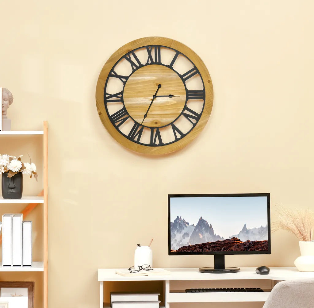  HOMCOM Wanduhr 60 Cm Mit Römischen Ziffern, Uhrwerk Im Vintage-Design, Geräuschlose Dekoration Für Wohnzimmer Küche Metall Tannenholz Schwarz+Natur