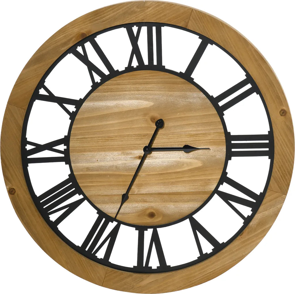  HOMCOM Wanduhr 60 Cm Mit Römischen Ziffern, Uhrwerk Im Vintage-Design, Geräuschlose Dekoration Für Wohnzimmer Küche Metall Tannenholz Schwarz+Natur