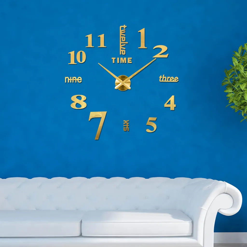  47“ 3D Spiegel Wanduhr Kleben Große Wall Clock Rahmenlose DIY Wanduhr Wandtattoo Wanduhr 120*120cm (Gold)