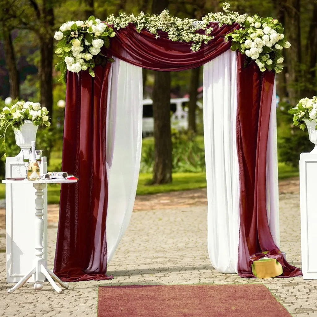  Chiffon-Vorhang Hochzeitsbogen Drapieren Stoff, Umweltfreundliche Zarte Textur Schön Hochzeitsdekorationen Im Freien （2 Panels，Weiß+Weinrot）