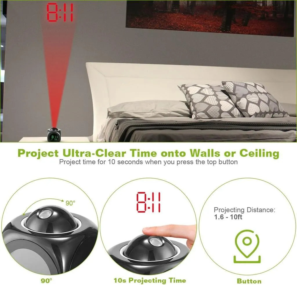  LED Digital Wecker Mit Projektion Tischuhr Schlummer Temperatur Mit Projektion Projektor(Schwarz)