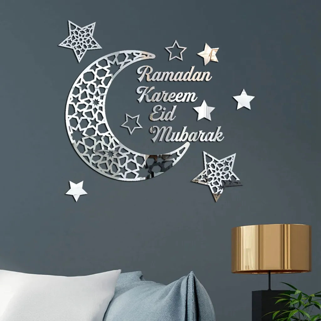  Ramadan Kareem Aufkleber Dekorationen Wand Eid Mubarak Eid Al Adha Mond Und Stern Aufkleber Islamische Spiegeldekoration（Silver）
