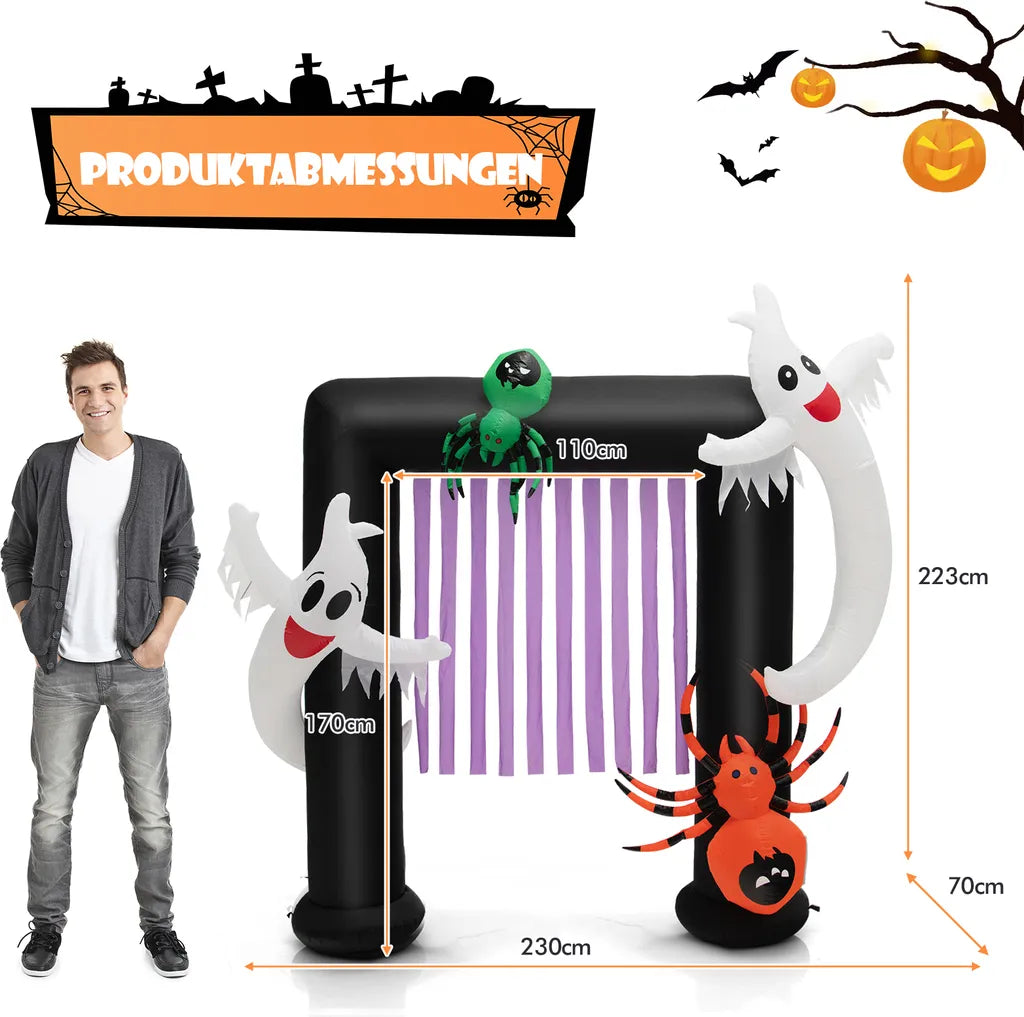  COSTWAY LED Aufblasbarer Halloween-Torbogen 223cm, Festliche Halloween-Dekoration Mit 2 Geistern & 2 Spinnen, Inkl. Wasserdichtem Gebläse, Für Die Veranda, Garten