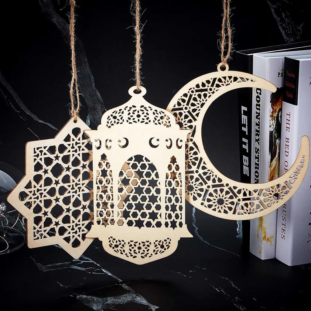  4 Stücke Holz Anhänger Ornament Ramadan Mubarak Eid Kareem Dekoration Mond Sterne Wind Licht Form Anhänger Ornament Für Ramadan Dekorationen