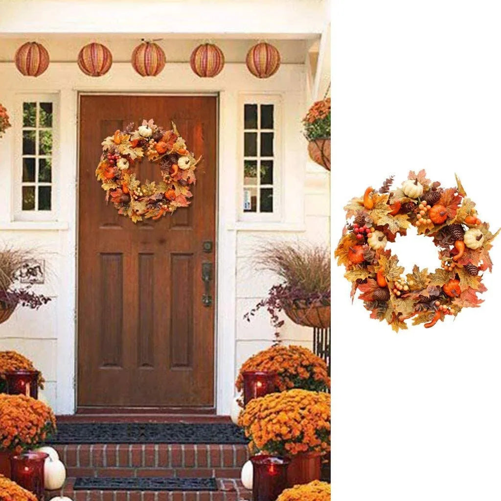  50cm Künstlicher Herbstkranz, Rosenkranz Für Haustür Ahornblatt Türkranz Mit Kürbis Beere Klingel Für Halloween Das Erntedankfest Innen- Oder Außenanordnung Dekoration