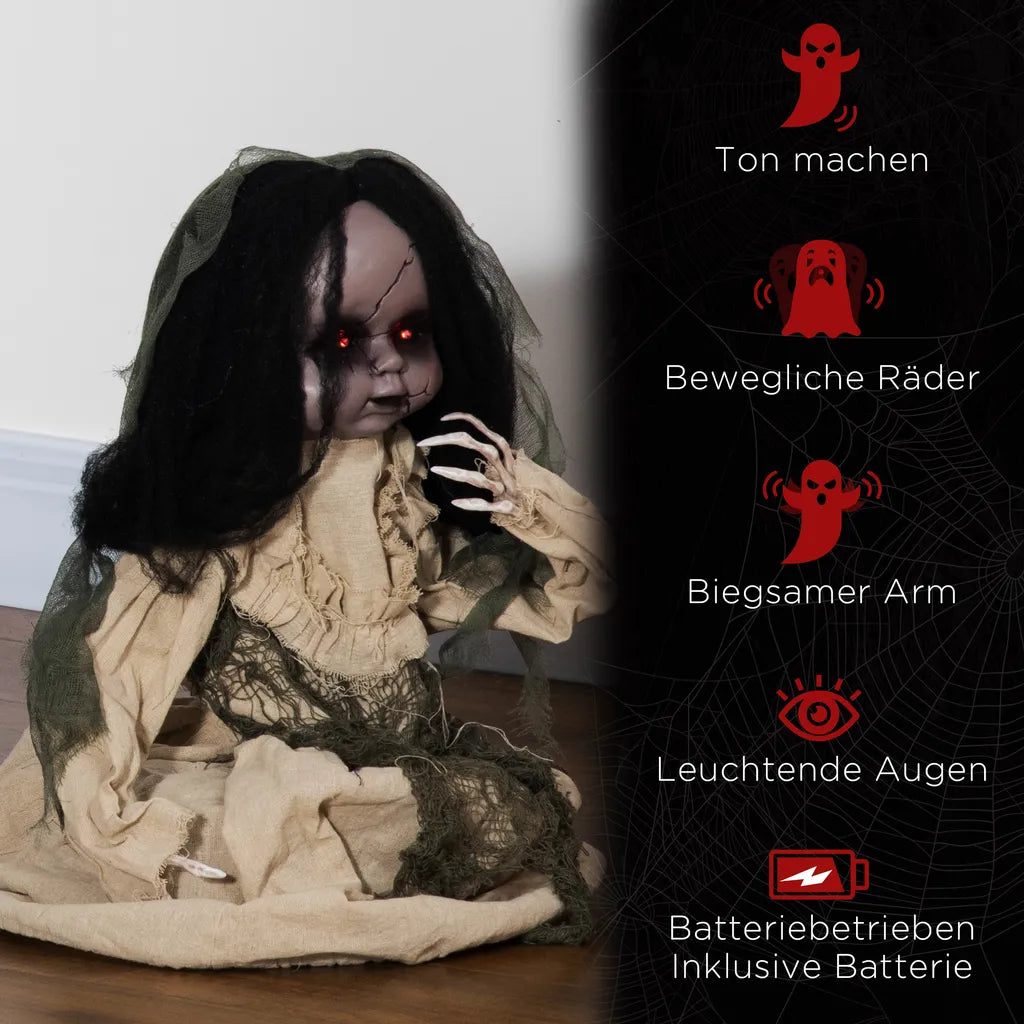  Outsunny 83cm Halloween Dekoration Geisterpuppe Mit Spezialeffekten Und Soundfunktion Rote Augen Mit Leuchtern Motorisierte Räder Horrorpuppe