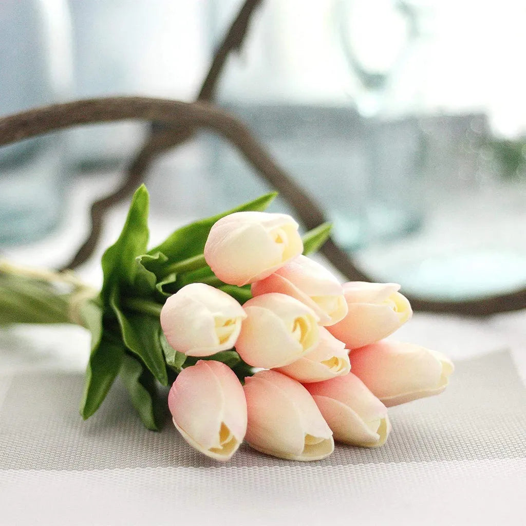  10er Künstliche Tulpe Blume Kunstblumen Gefälschte Blumen Bukett Künstlich Tulpe Puder Weiß