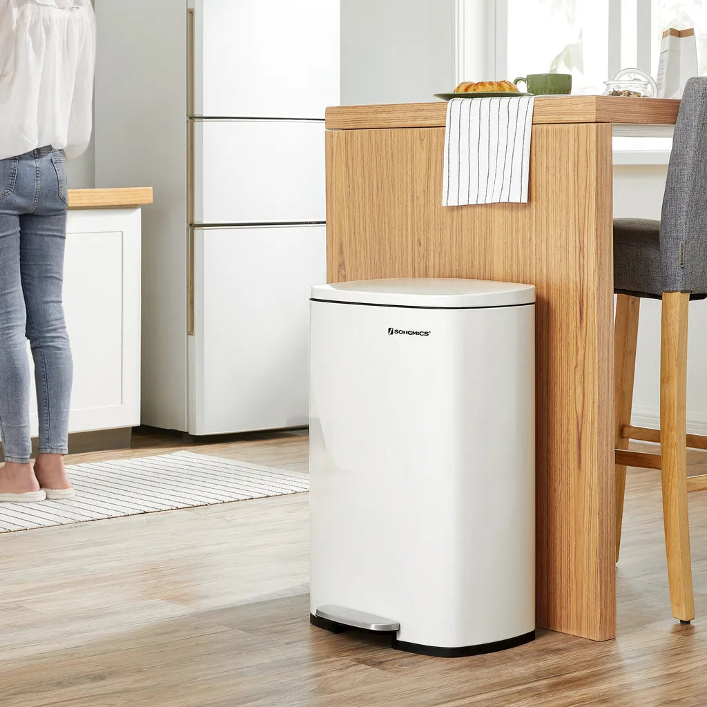  SONGMICS 50 Liter, Mülleimer Küche, Abfalleimer, , Mit Deckel, Treteimer Weiß LTB101W01