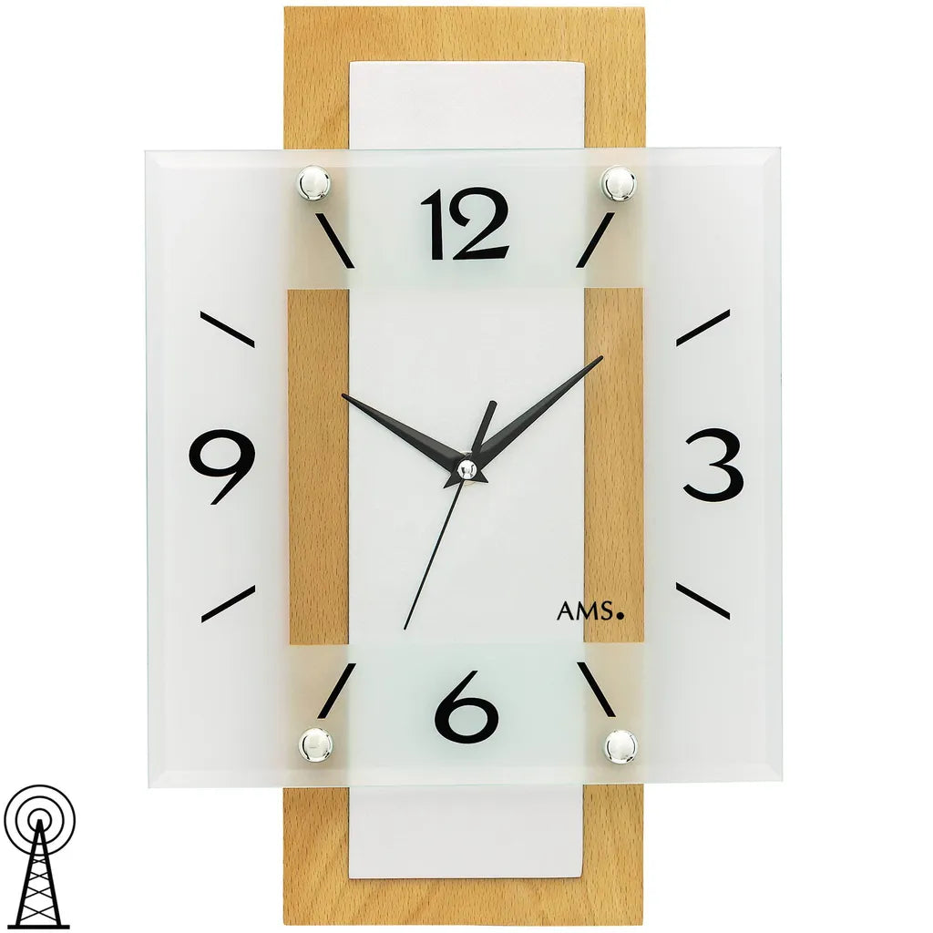  AMS 5507 Wanduhr Funk Funkwanduhr Analog Holz Buche Massiv Eckig Mit Glas