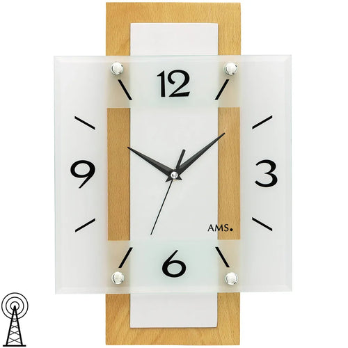  AMS 5507 Wanduhr Funk Funkwanduhr Analog Holz Buche Massiv Eckig Mit Glas