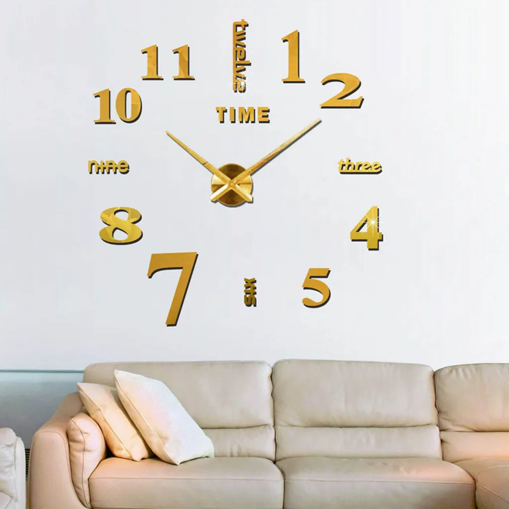  47“ 3D Spiegel Wanduhr Kleben Große Wall Clock Rahmenlose DIY Wanduhr Wandtattoo Wanduhr 120*120cm (Gold)