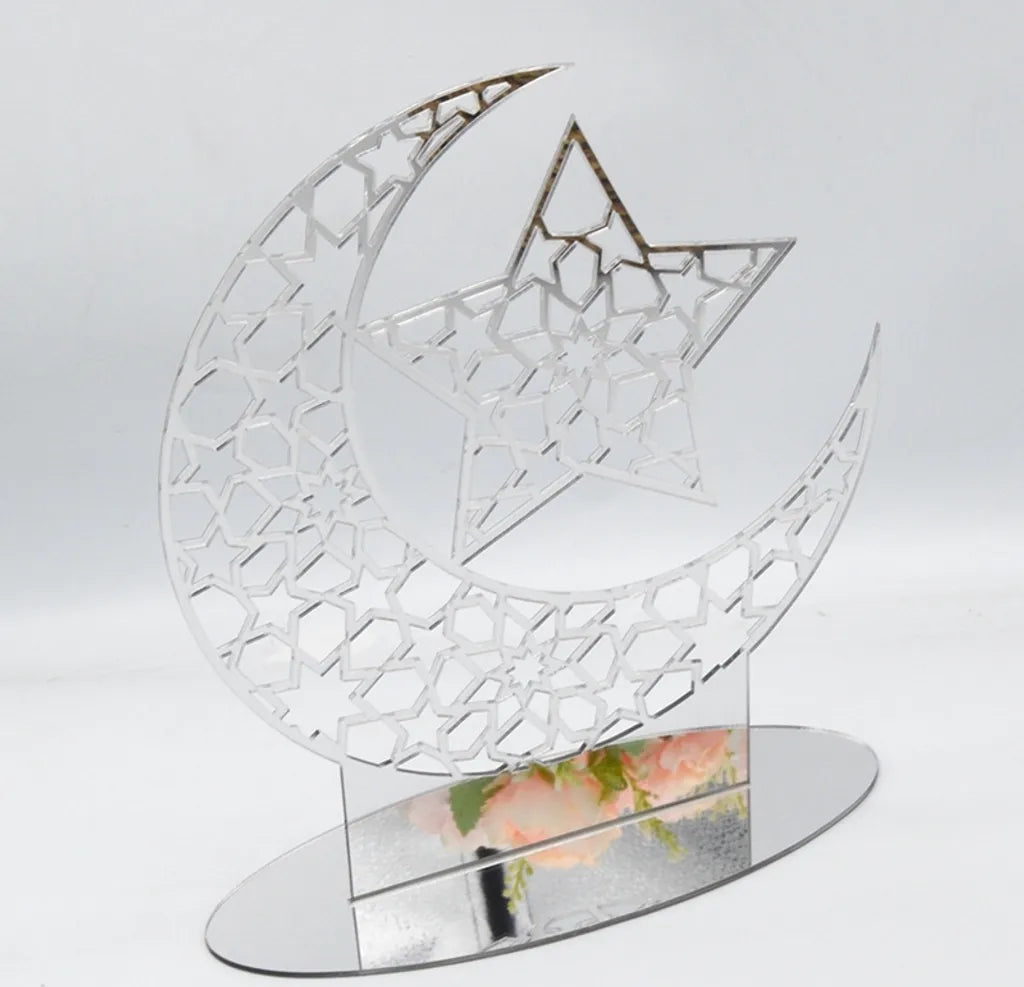  3x Ramadan Eid Mubarak Dekorationen Eid Mubarak Acryl Ornamente Mond Sterne,Muslim Festival Dekorationen, Silber