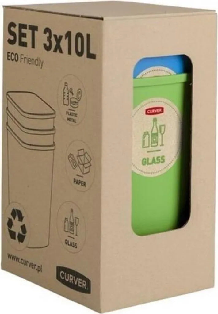  Curver Eco Friendly 3er-Set Mülltrennungssystem Mülleimer Mülltrennung Papier Glas Und Kunststoff Recycling-Eimer Aus Kunstoff (3x9L)