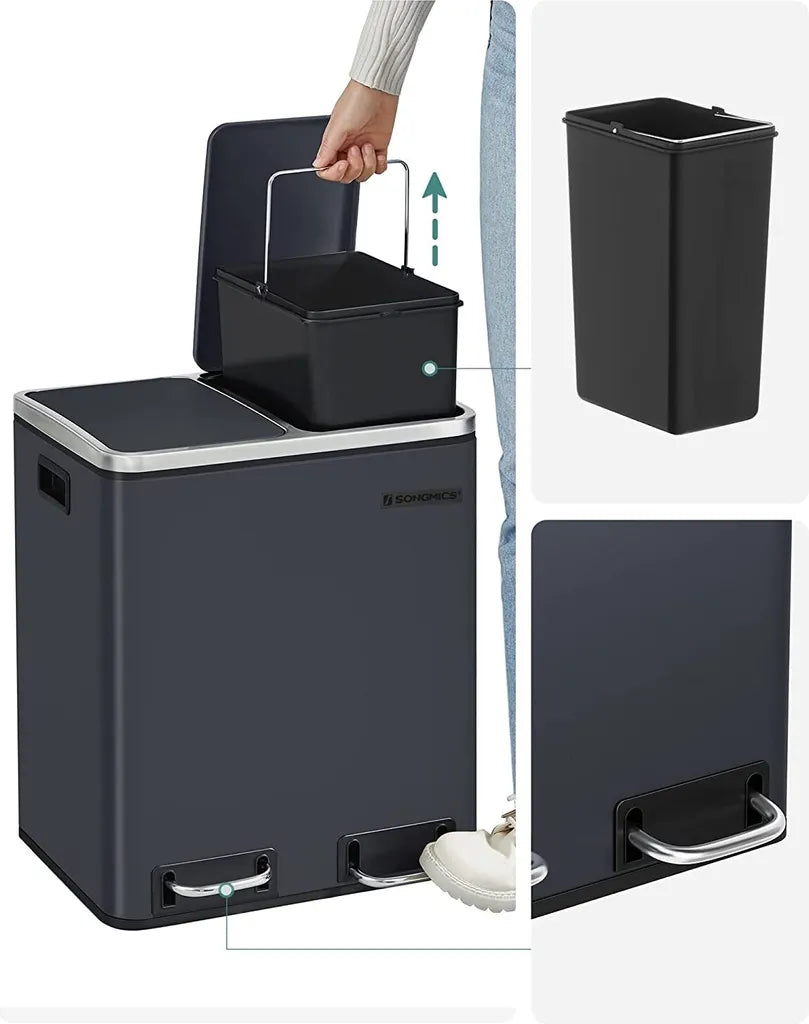  SONGMICS Mülleimer Treteimer Mit 2 Fächern 30 L Aus Metall 2 X 15 Liter Abfalleimer Mit Softclose Inneneimern Und Griffen Luftdicht Rauchgrau LTB30GS