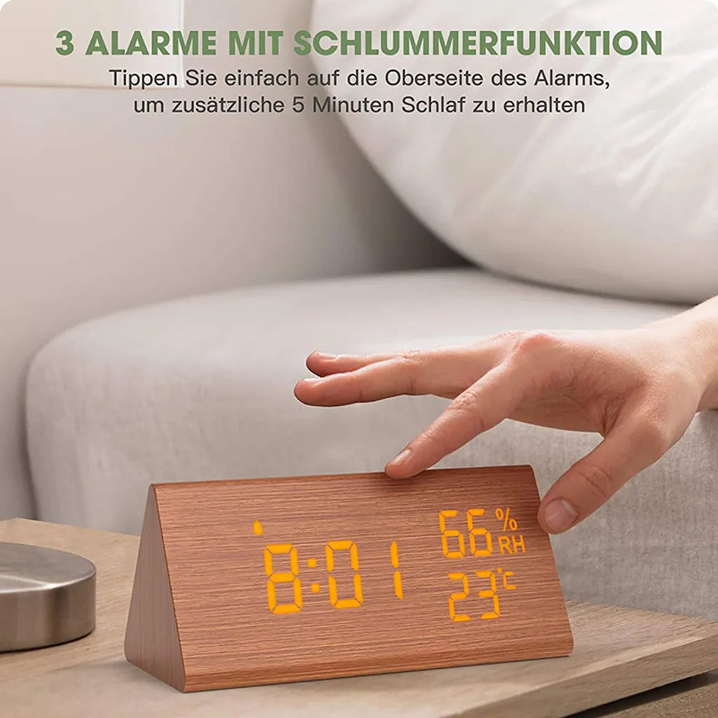  Wecker Digitaler LED Wecker Uhr Holz,mit Sprachsteuerung/Datum/Temperatur Und Luftfeuchtigkeit, Braun