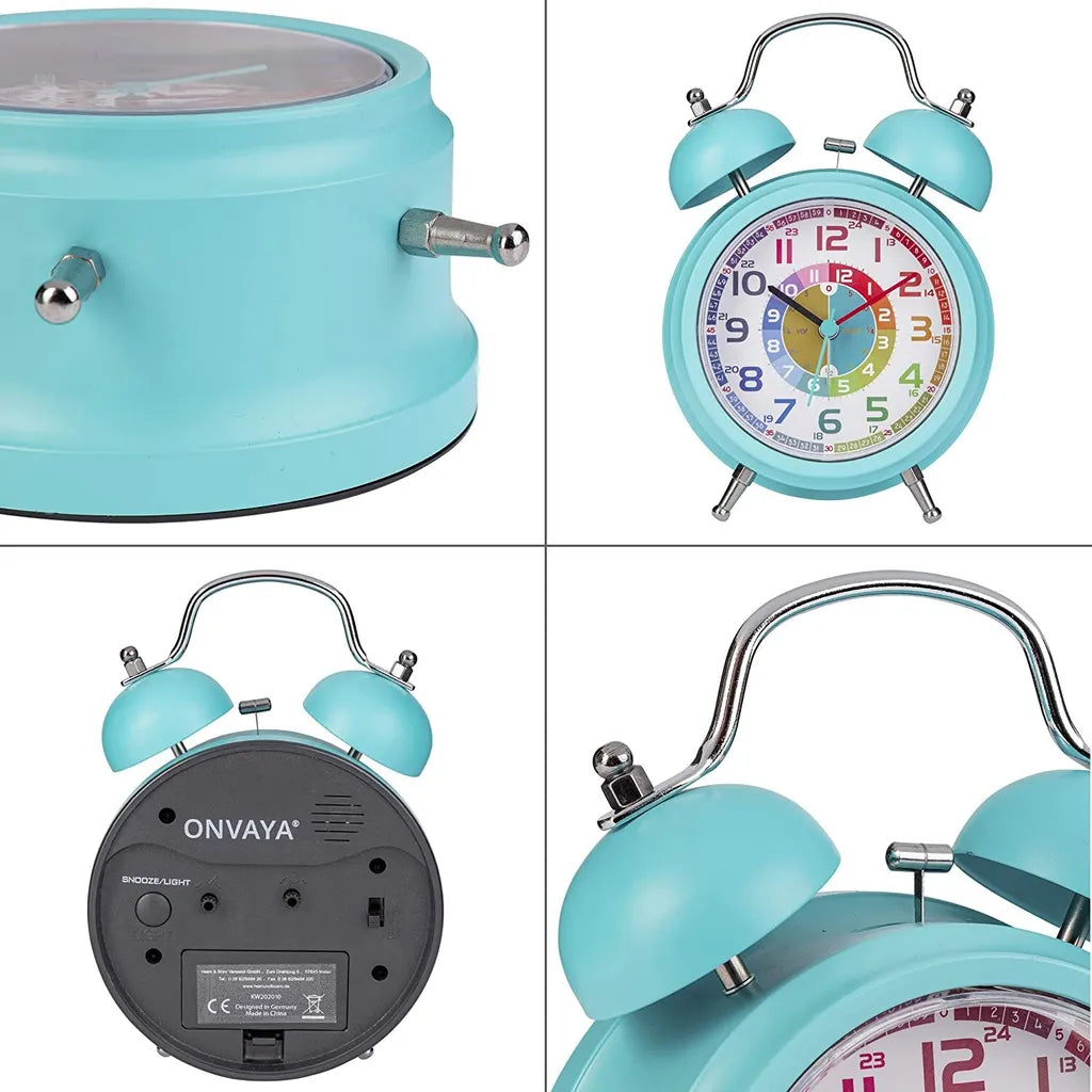  ONVAYA® Kinderwecker Analog | Türkis | Lernuhr Für Kinder | Retro Wecker Ohne Ticken | Lernwecker Mit Licht & Musik | Quarzwecker | Glockenwecker | Kinderuhr Spielzeug Für Jungen & Mädchen