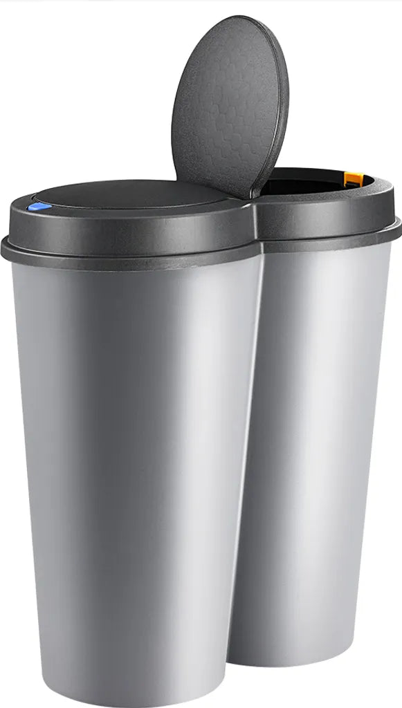  Deuba Mülleimer 50 L Duo 2fach Trennsystem 2x25L Druckknopf-Automatik Küche Abfalleimer Müllbehälter Mülltrennung Büro, Farbe:silber - Silver - Argent