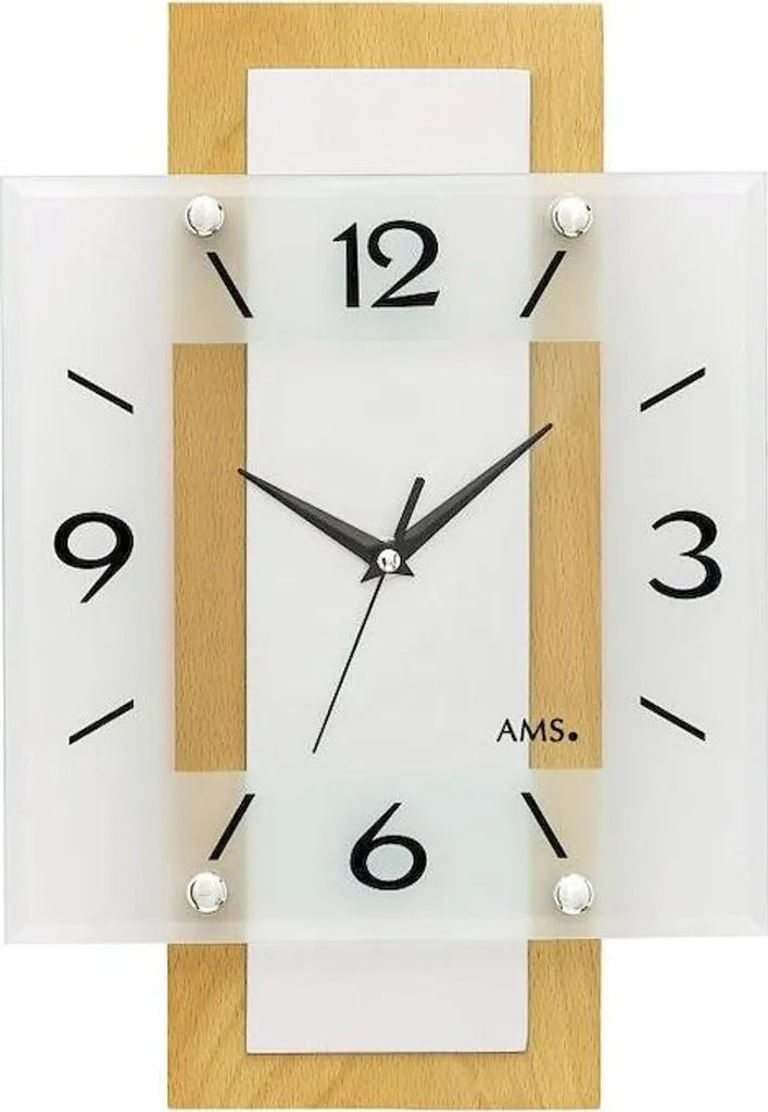  AMS 5507 Wanduhr Funk Funkwanduhr Analog Holz Buche Massiv Eckig Mit Glas