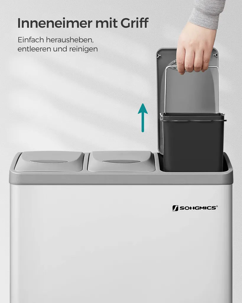 SONGMICS Mülleimer Für Die Küche, 3 X 8 Liter, Abfalleimer Aus Metall, 3-in-1 Treteimer, Mülltrennung, Mülltrennsystem, Mit 15 Müllsäcken, Einfach Zu Reinigen, Stahl, Weiß-grau LTB24WT