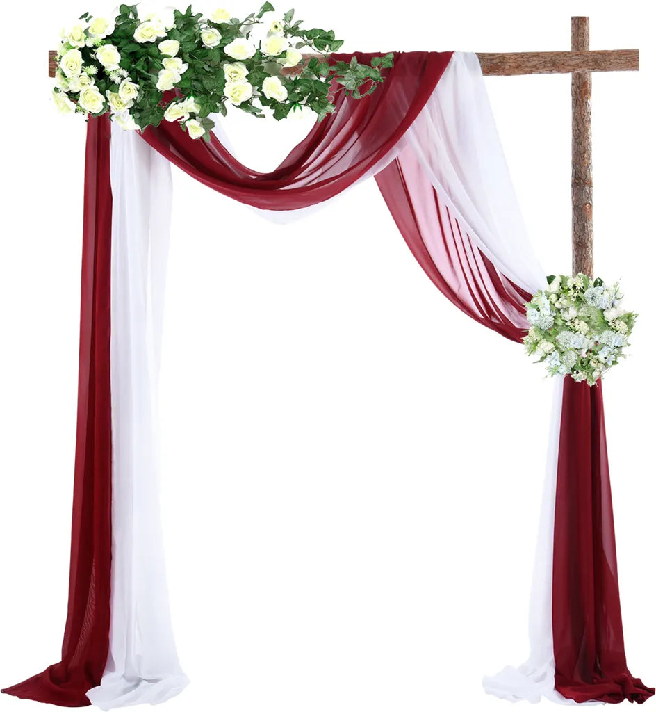  Chiffon-Vorhang Hochzeitsbogen Drapieren Stoff, Umweltfreundliche Zarte Textur Schön Hochzeitsdekorationen Im Freien （2 Panels，Weiß+Weinrot）