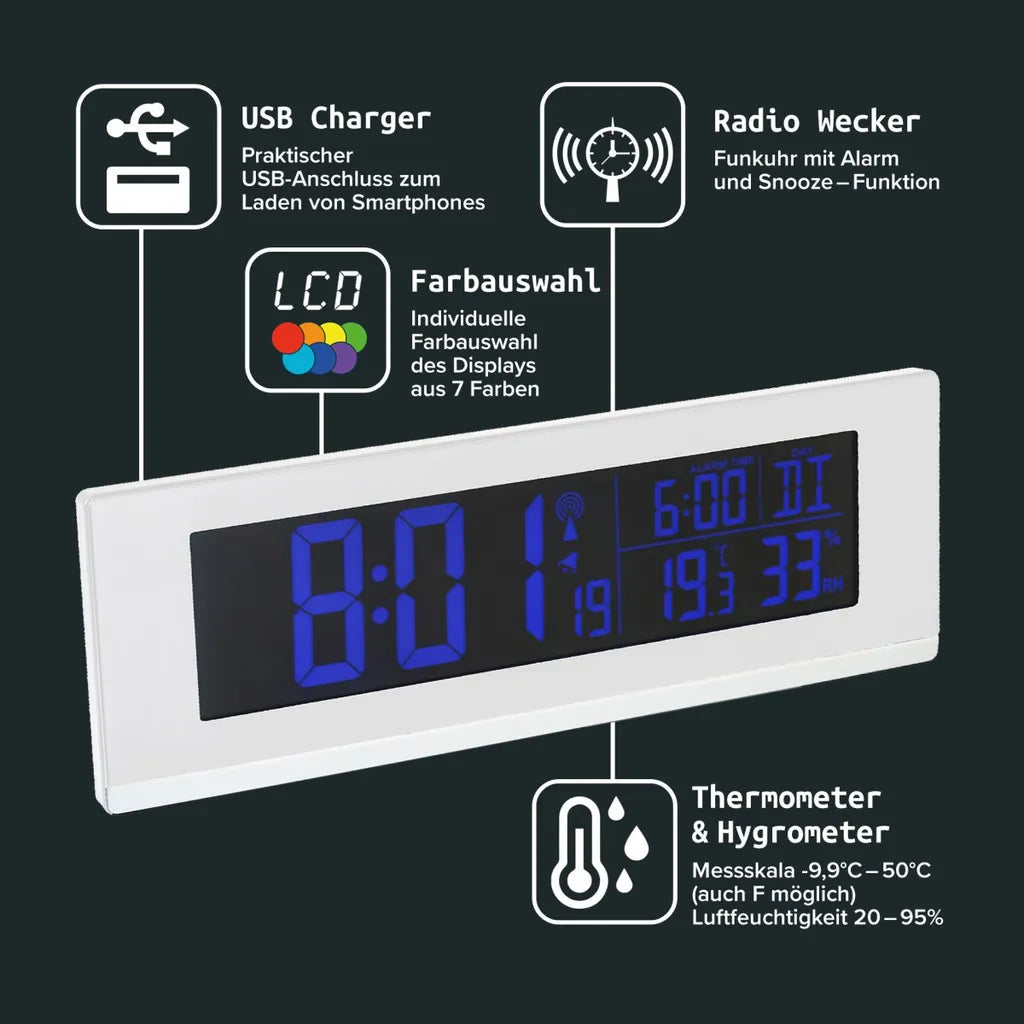  Fackelmann Digitale Funkuhr Mit Wecker Tecno, Digitaluhr Mit Temperaturanzeige, Funkwecker Mit USB-Anschluss, Hochwertiger Digitalwecker, Uhr Mit Thermo-Hygrometer (Farbe: Weiß)
