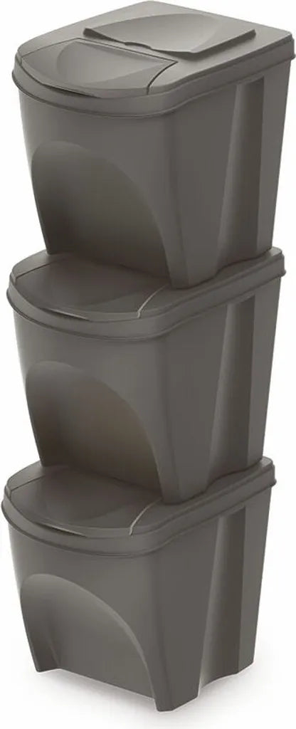 Sortibox Mülleimer Mit Deckel 3er Set - 25 L / Steingrau - Müll Trennsystem Abfall Trenner Stapelbar
